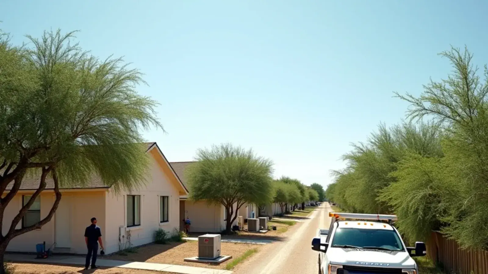 Newer subdivision homes with AC condensers backing onto river-bottom brush in Peñitas, TX