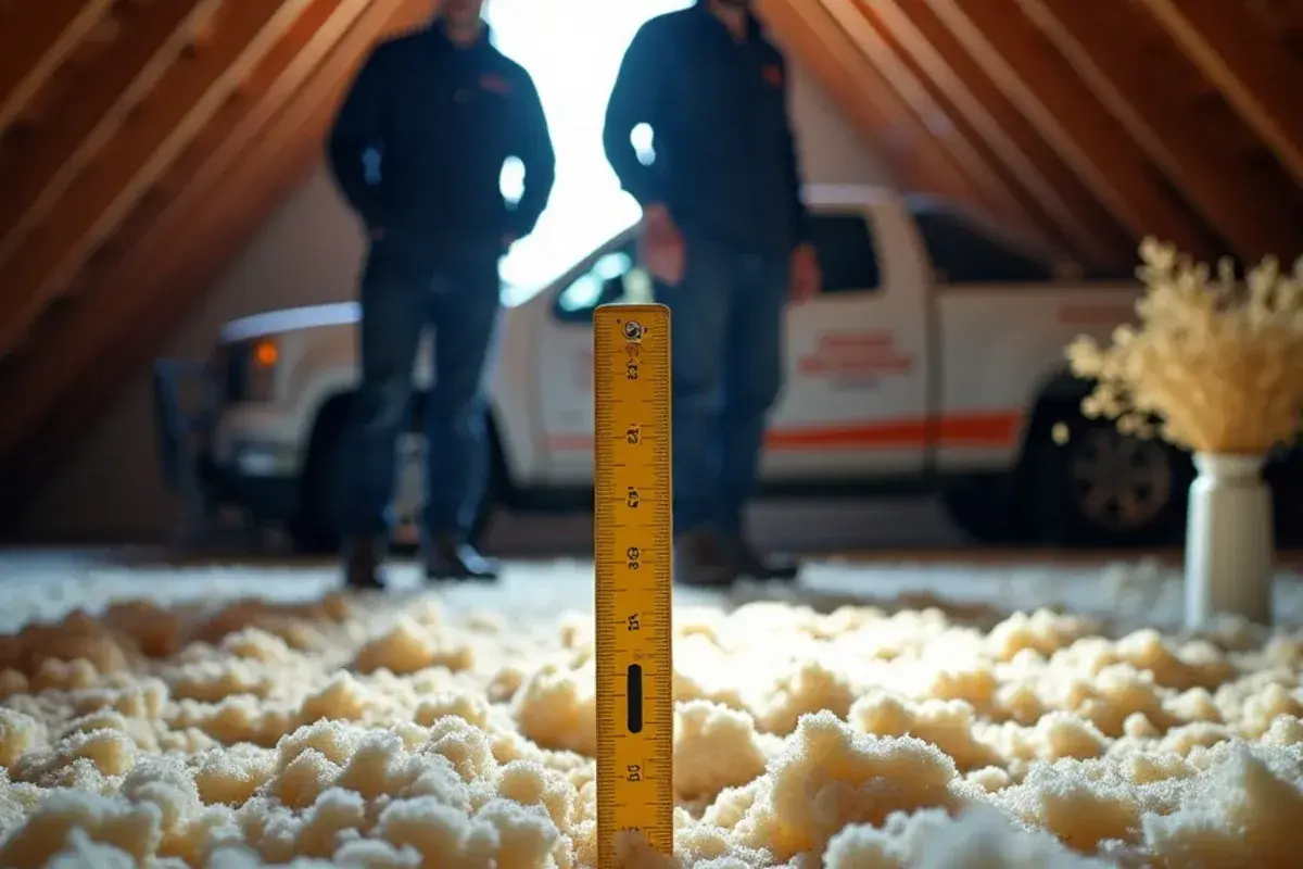 Ruler showing shallow blown insulation depth on an attic floor in an older Perezville, TX home