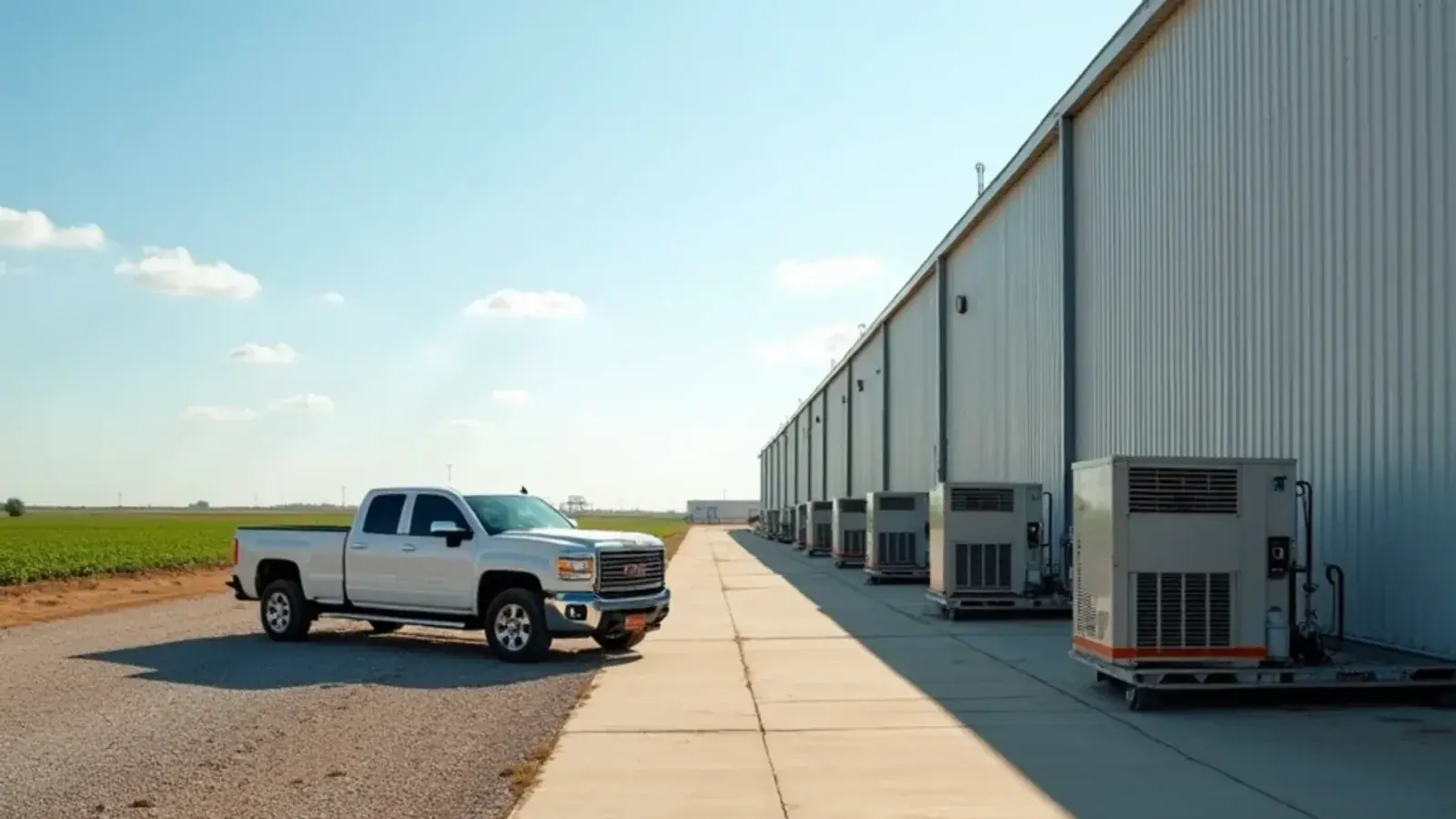 Cold-storage warehouse with condensing units at the edge of vegetable fields in Pharr, TX