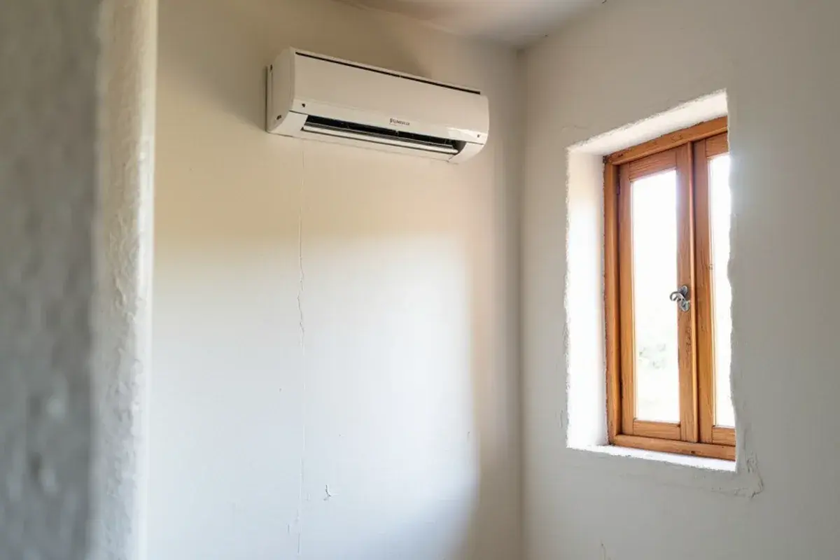 Wall-mounted mini-split head above a deep window in a plastered room of a historic Roma building