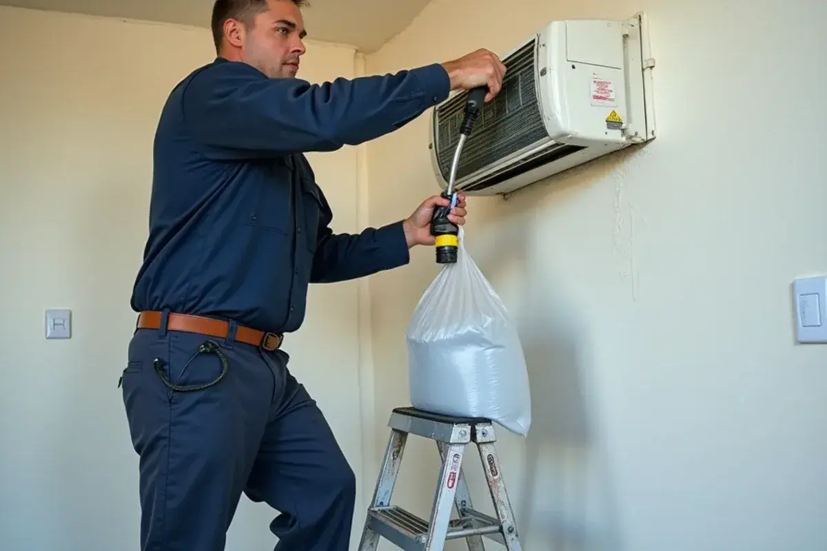 Technician washing a mini-split indoor unit into a drain bag in a Roma home