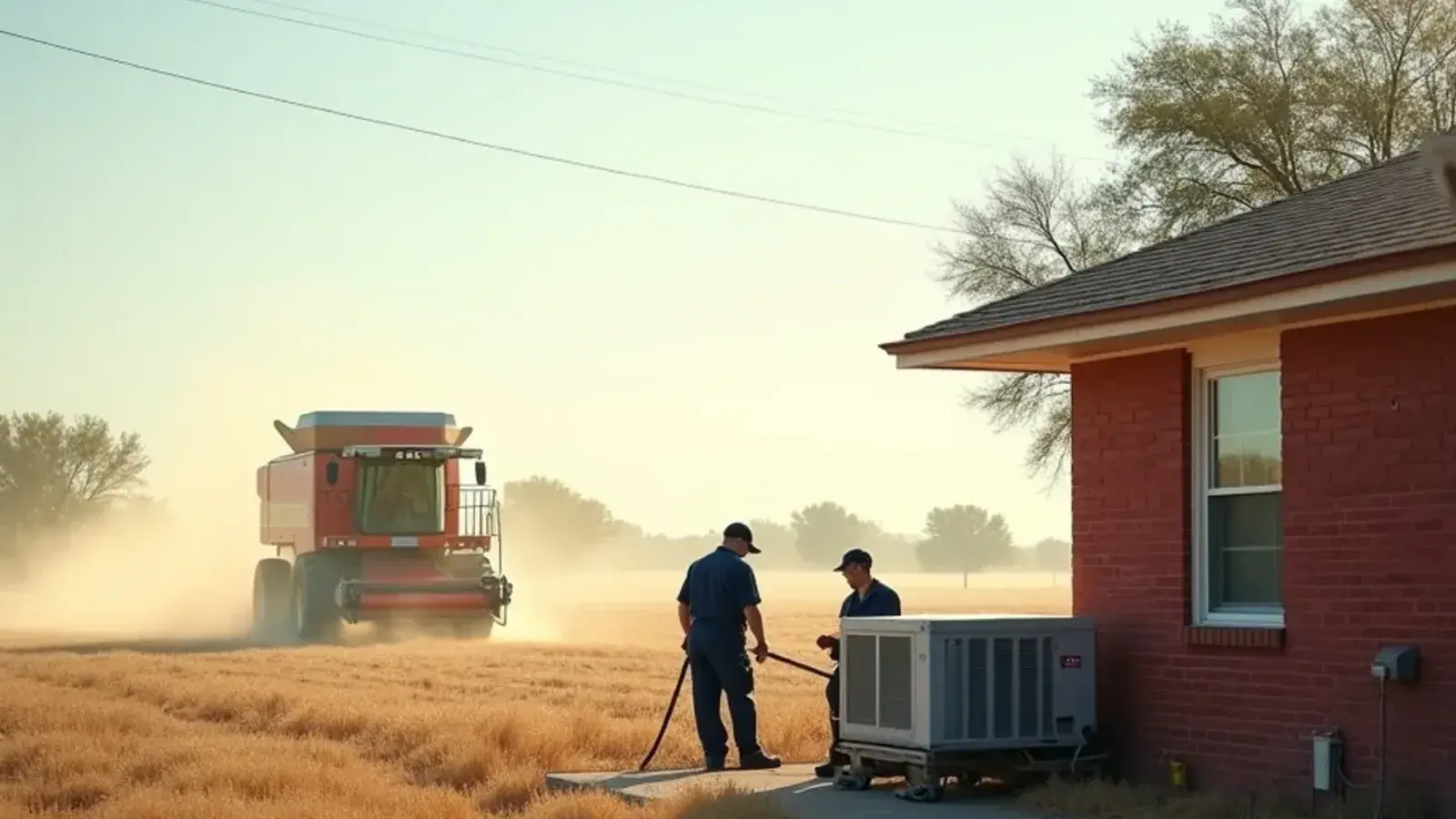 Brick home with a dusty AC condenser beside a field being harvested in San Carlos, TX