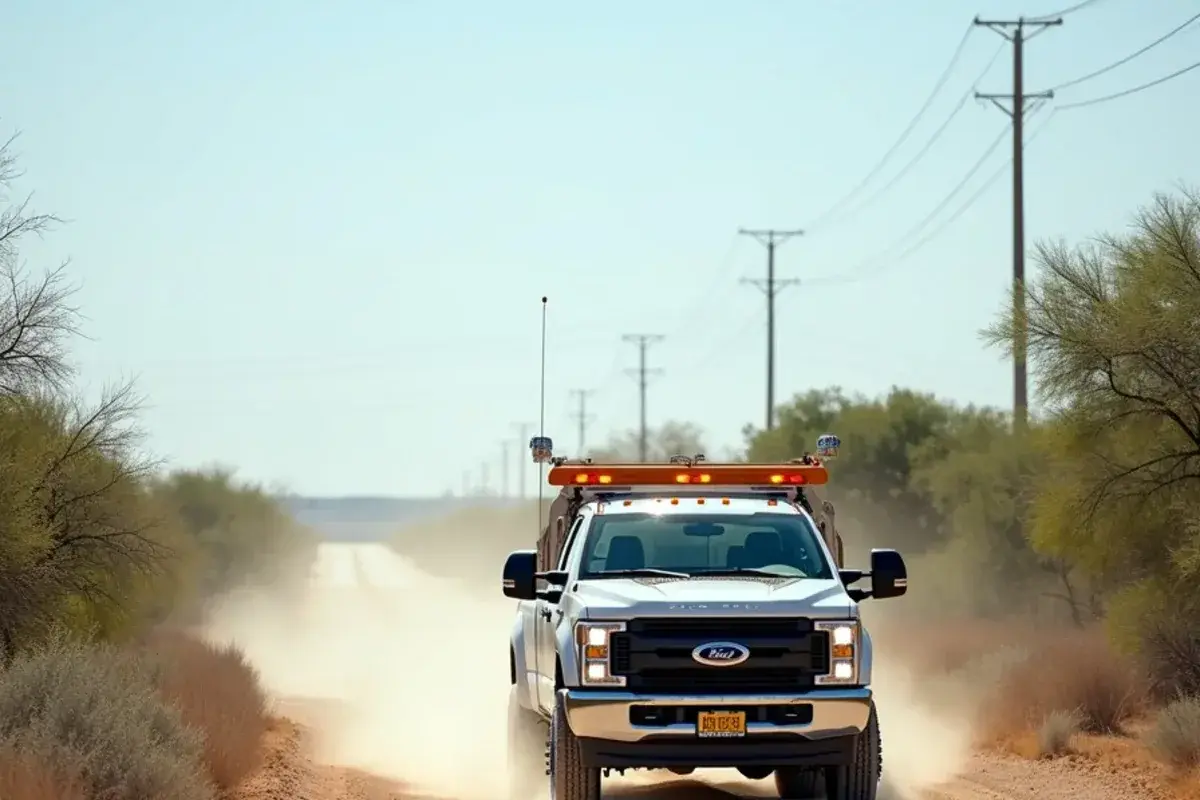 White service pickup on a caliche ranch road through mesquite brush in northern Starr County