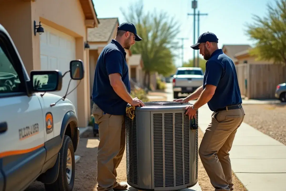 Two technicians lifting an old AC condenser off its pad during a replacement in San Juan, TX
