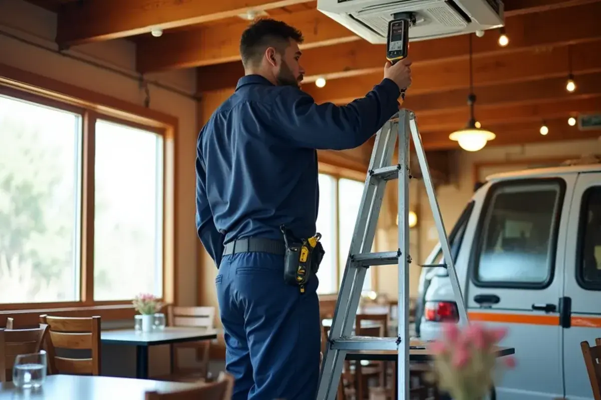 Technician measuring airflow at a ceiling supply vent in a small San Juan restaurant