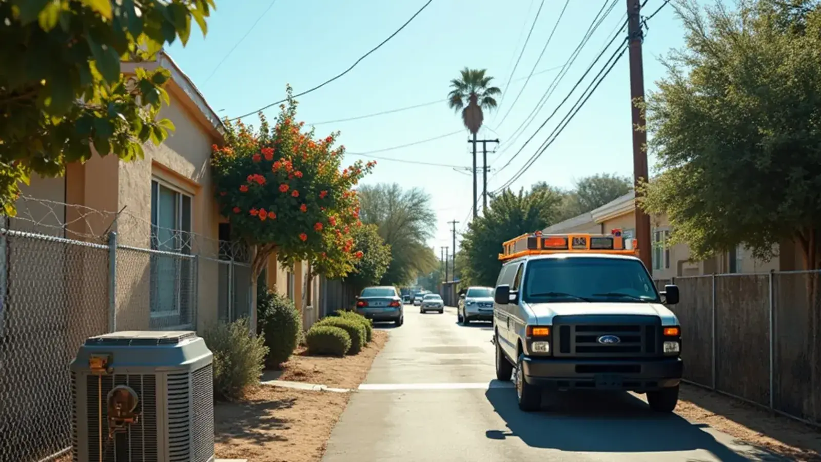 Older stucco and block homes on a narrow street under midsummer sun with a side-yard AC in San Juan, TX