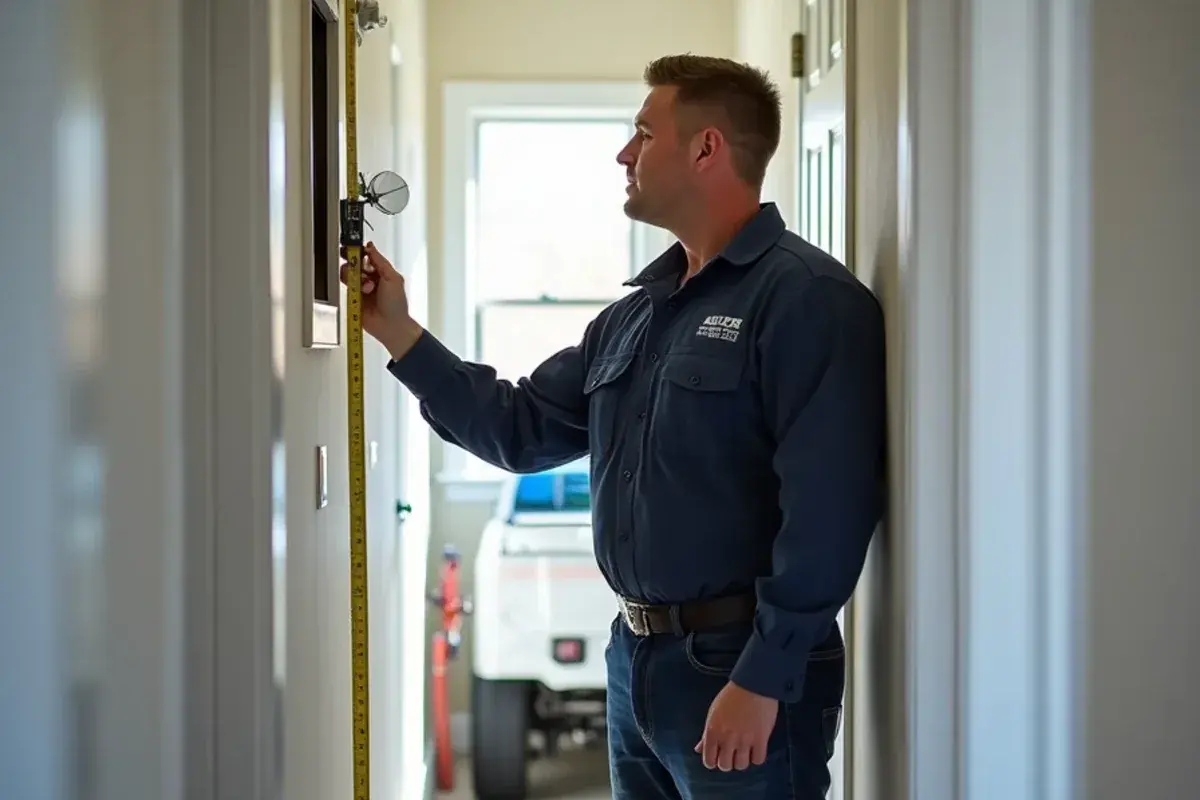 Technician measuring an upstairs return air grille in a Sharyland hallway