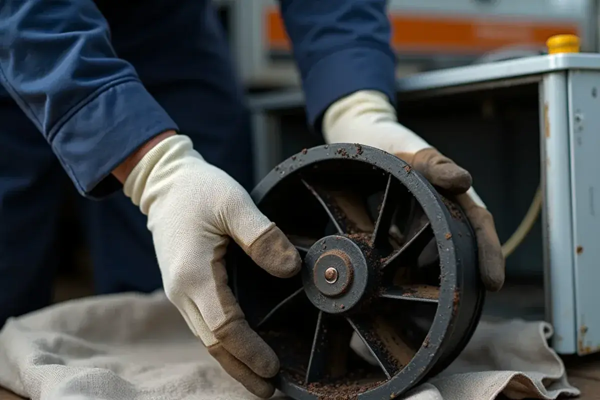 Blower wheel with dark buildup removed from an air handler for cleaning in South Alamo, TX