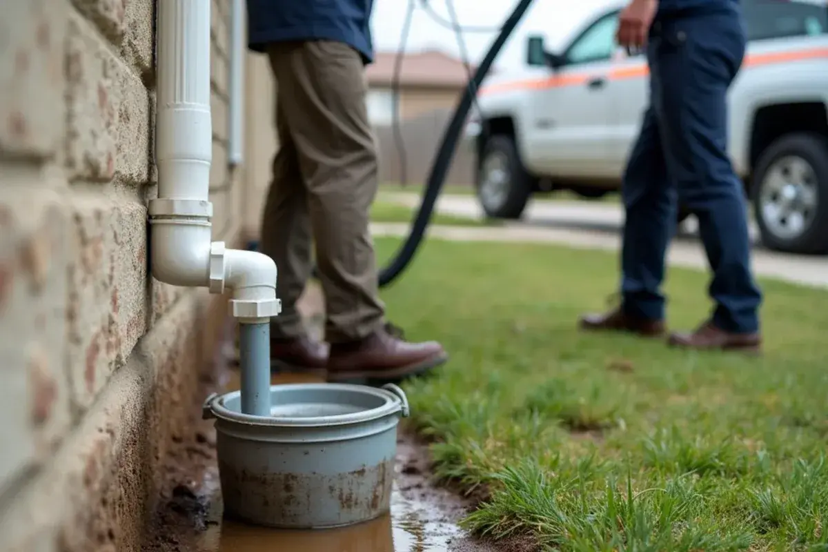 Wet vacuum clearing a clogged condensate drain line outside a home in South Alamo, TX