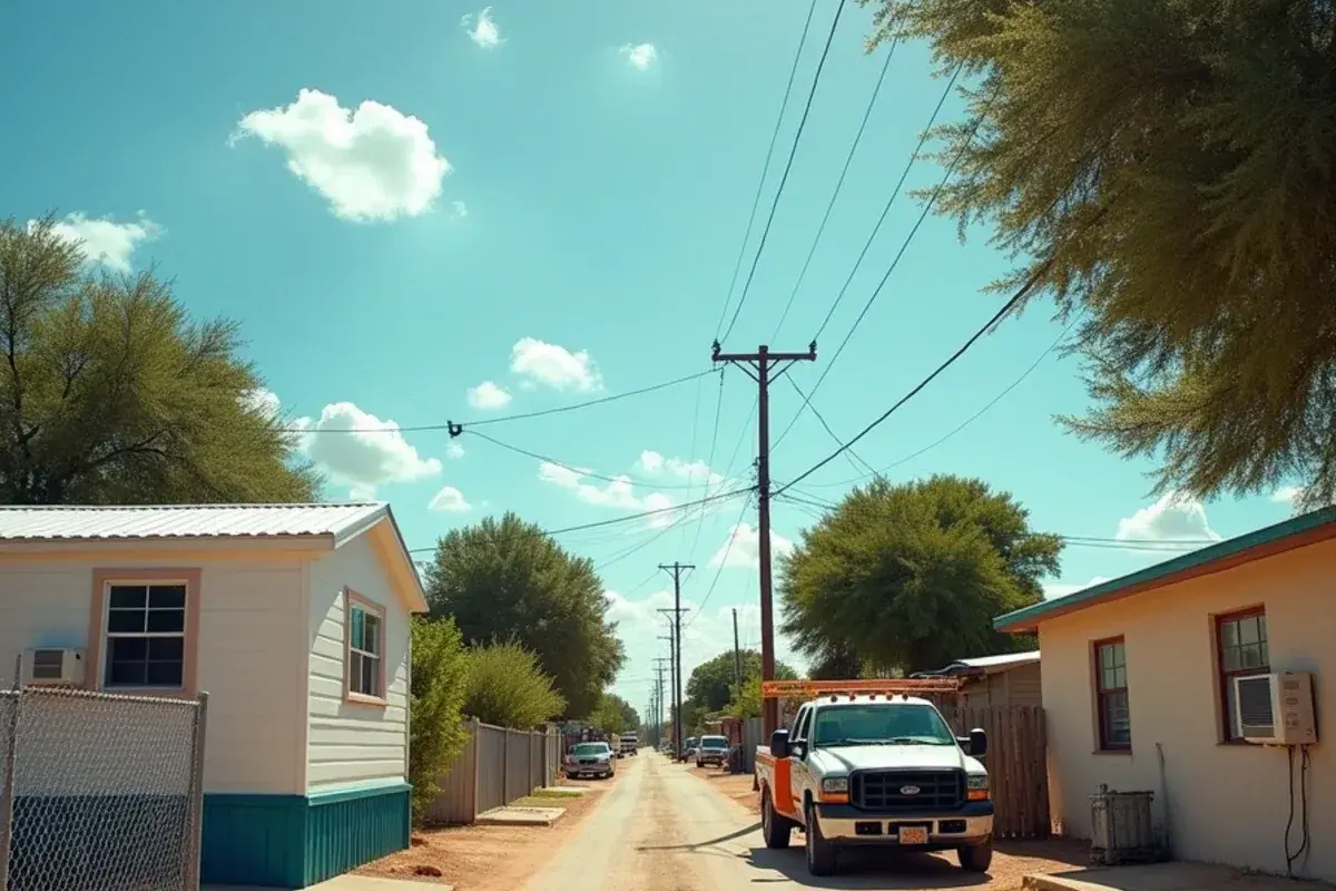 Colonia street in Starr County with a manufactured home, a block house and window AC units