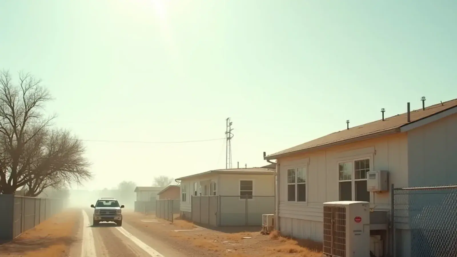 Dust-filmed AC condenser and a wall-mounted mini-split beside homes on a dry caliche side road in Valle Vista, TX