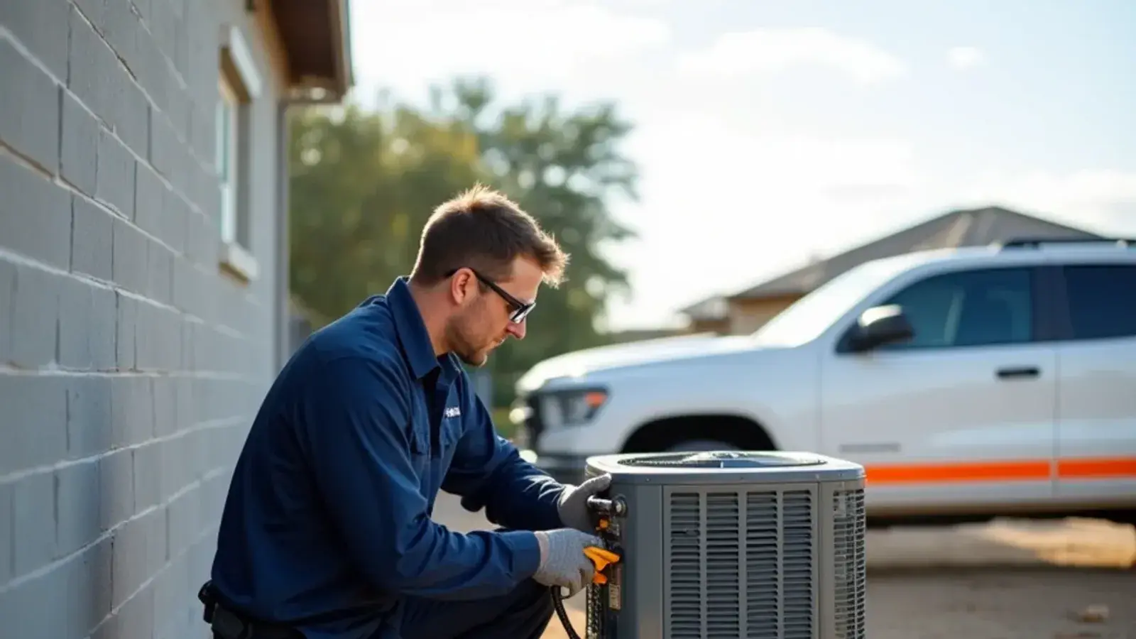 Technician tightening mini-split line-set connections beside an owner-built block home in West Alto Bonito, TX