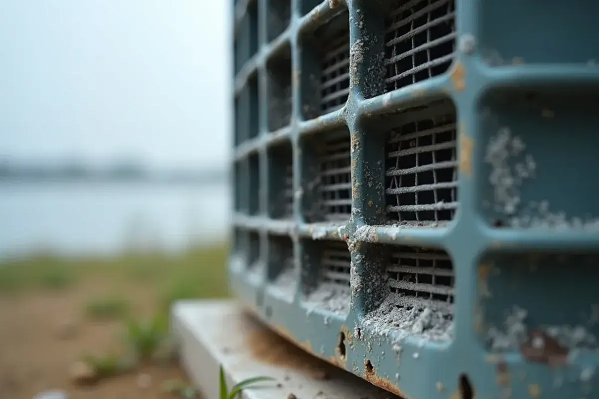 Corroded aluminum fins on an older AC unit at a coastal home near the Laguna Madre in Willacy County