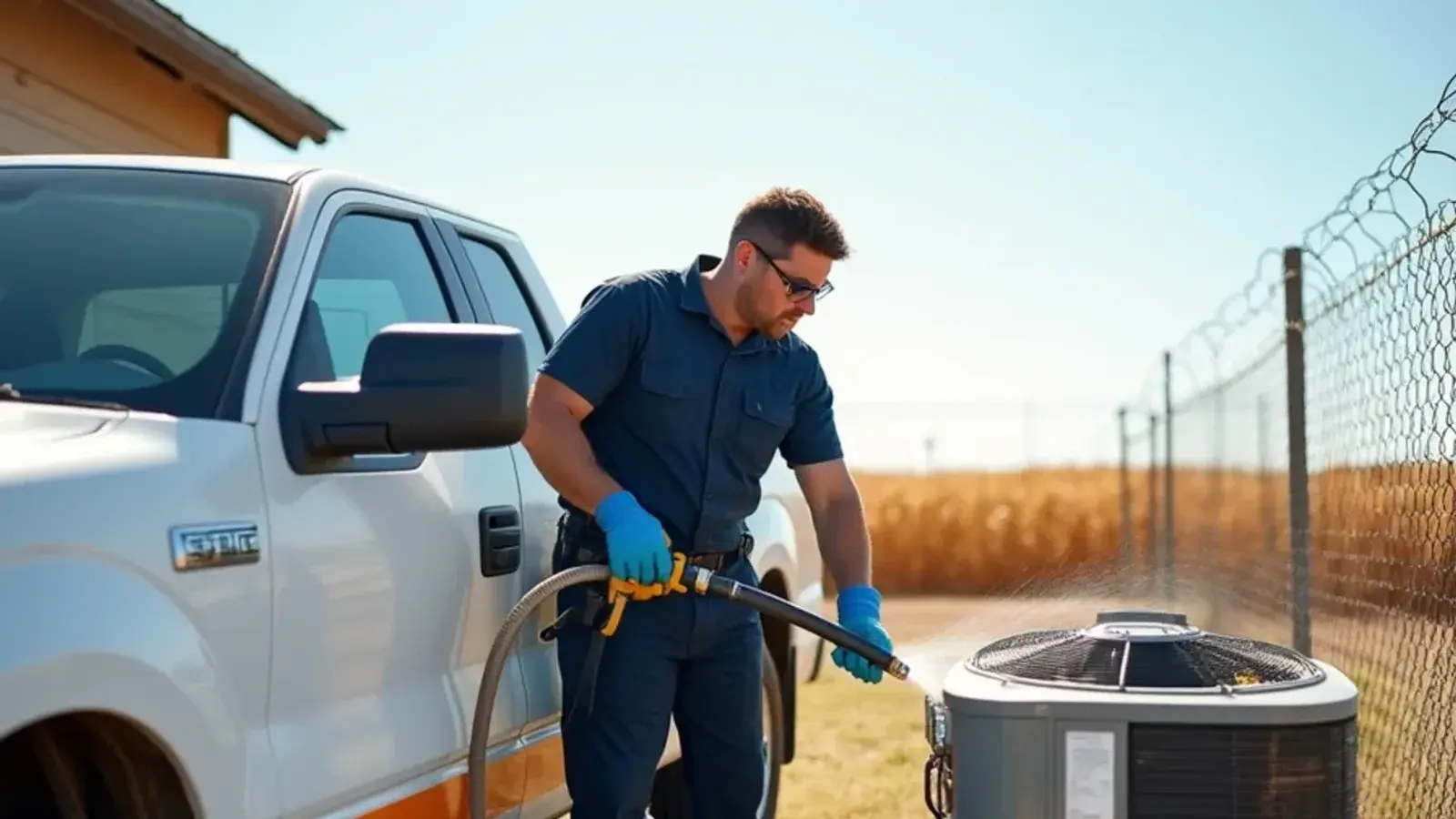 Technician rinsing a dusty condenser coil at a farmhouse on the coastal plain in Willacy County, TX