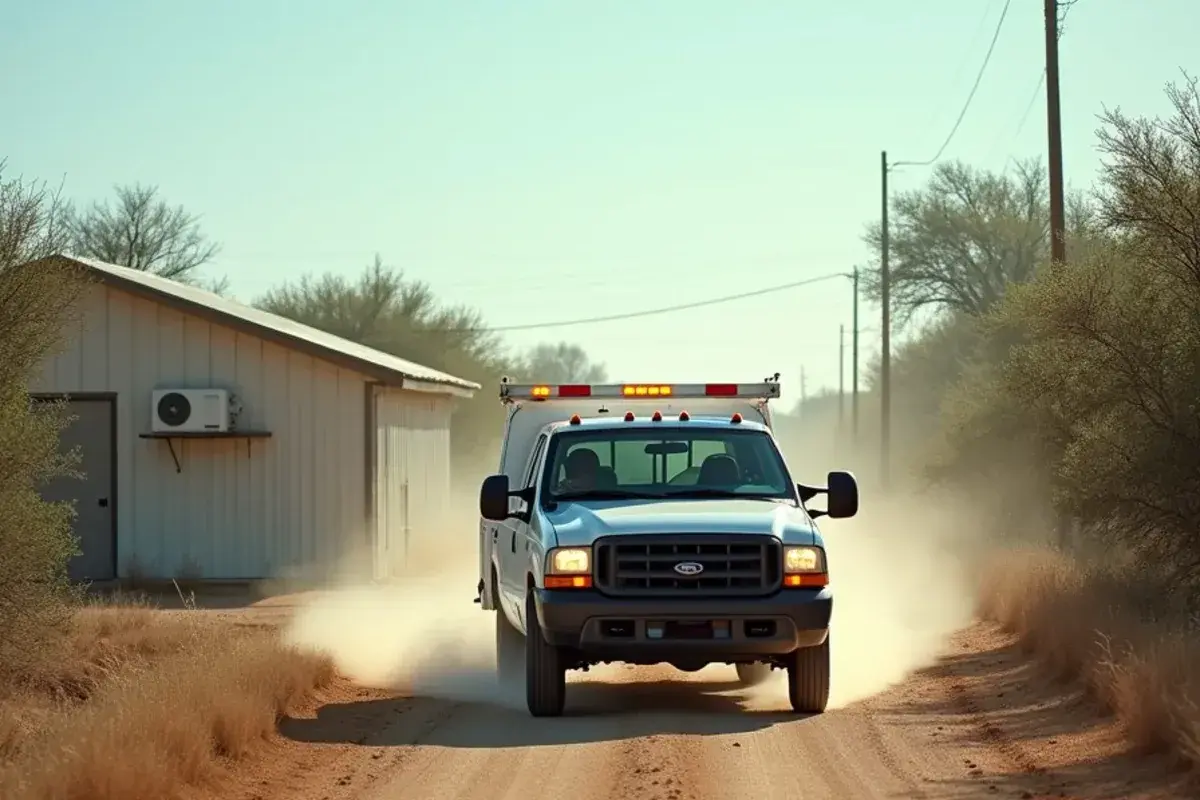White service pickup on a caliche ranch road toward a metal cooler building in Zapata County brush country