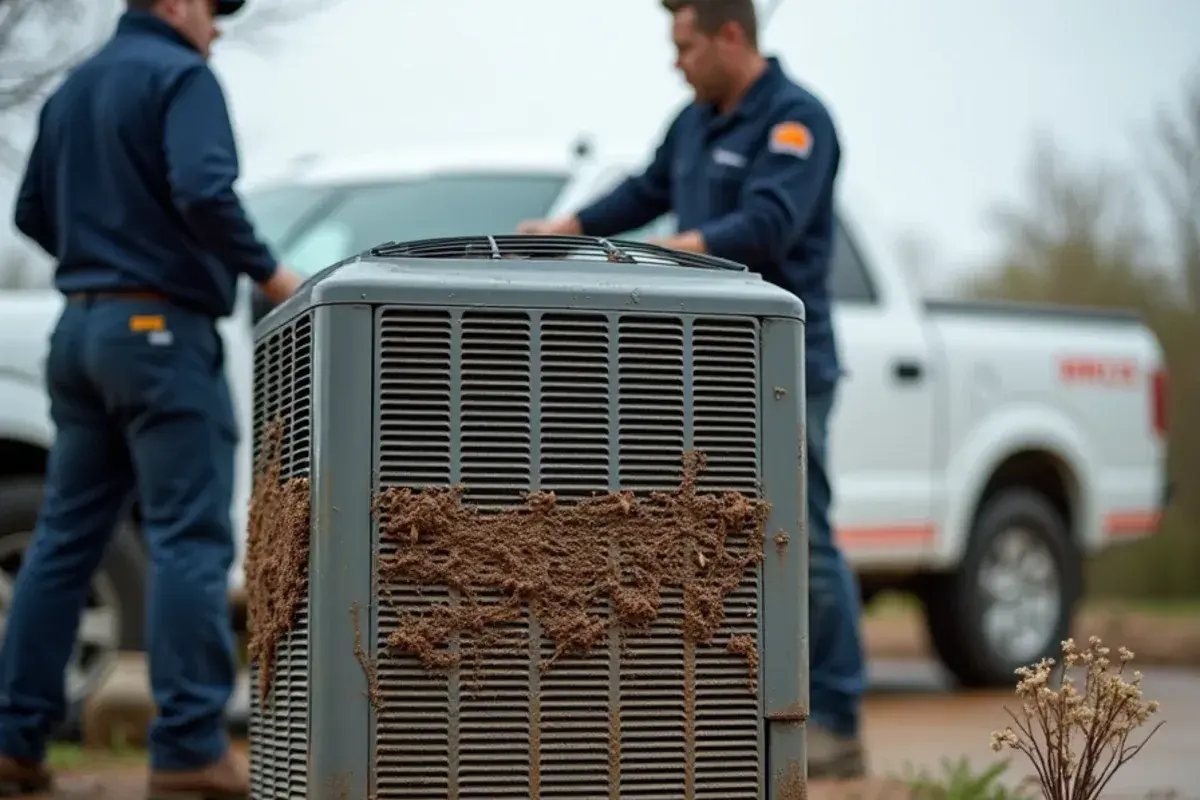 Silt line from flood water on an outdoor AC condenser cabinet after heavy rain in Starr County