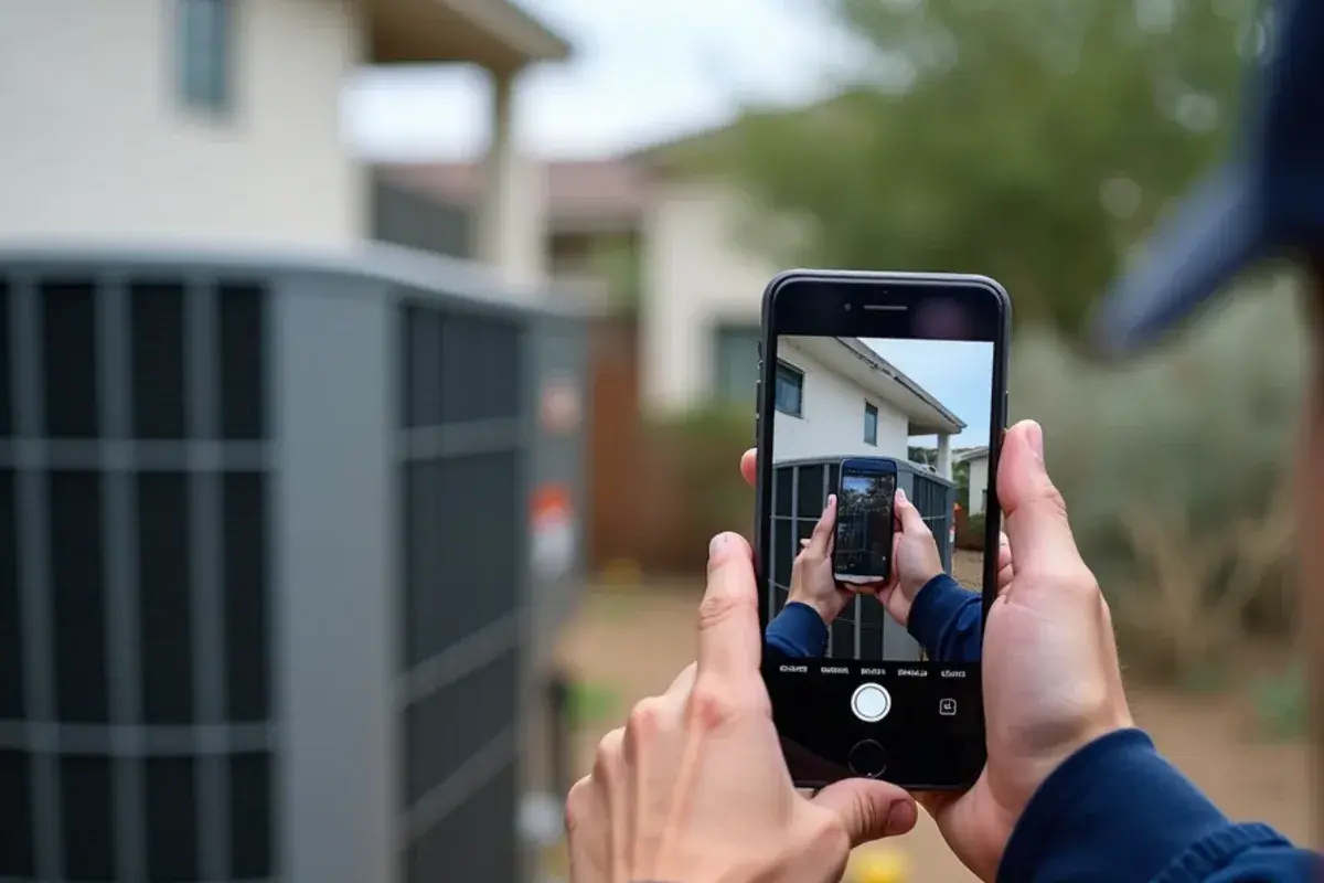 Homeowner photographing an AC data plate and storm damage for an insurance claim