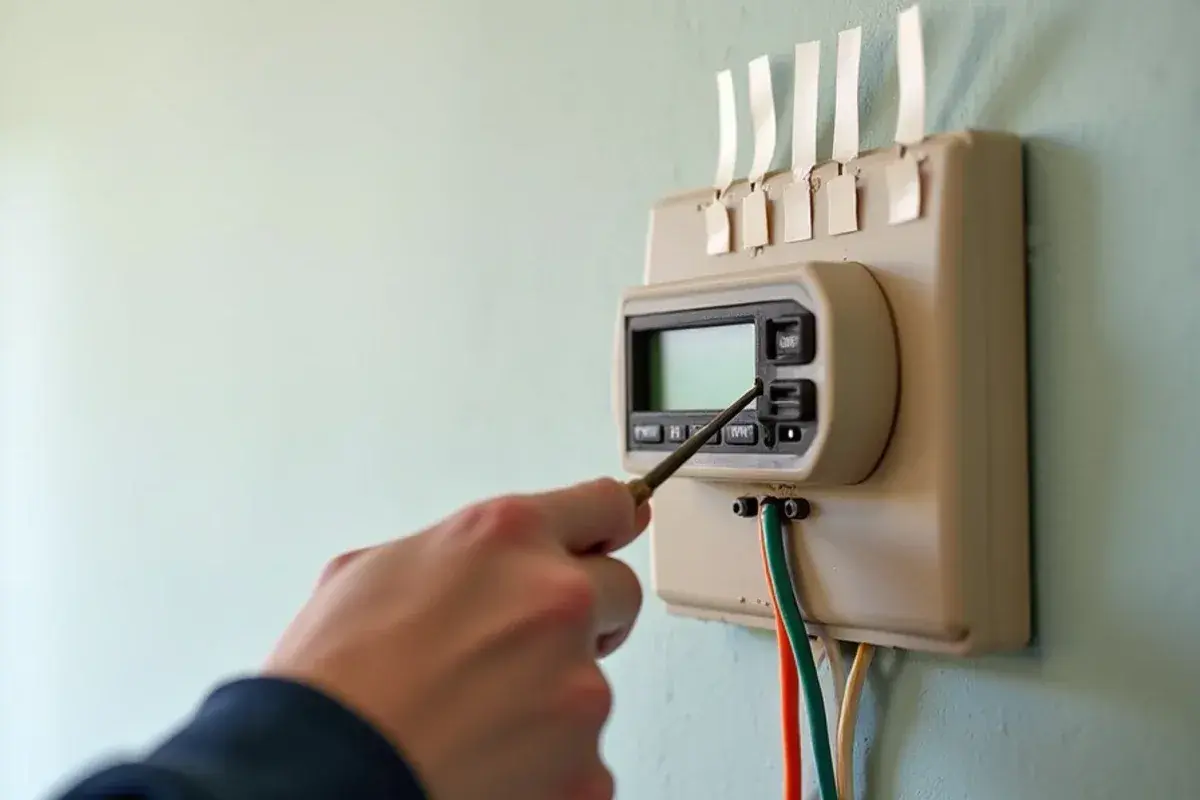 Old thermostat removed and low-voltage wires labeled before a smart thermostat replacement