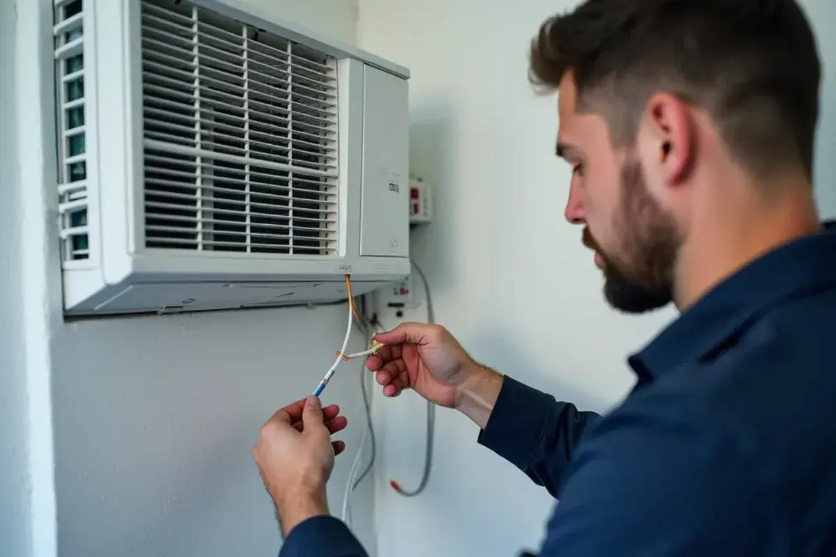 Technician placing a CoolBot sensor on a window AC inside a cold room build
