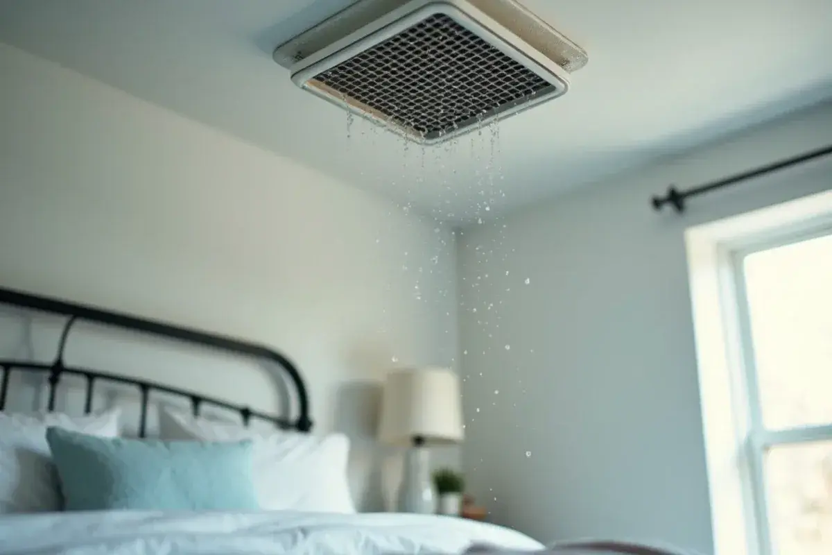 Water droplets forming on a ceiling supply register in a humid Rio Grande City bedroom