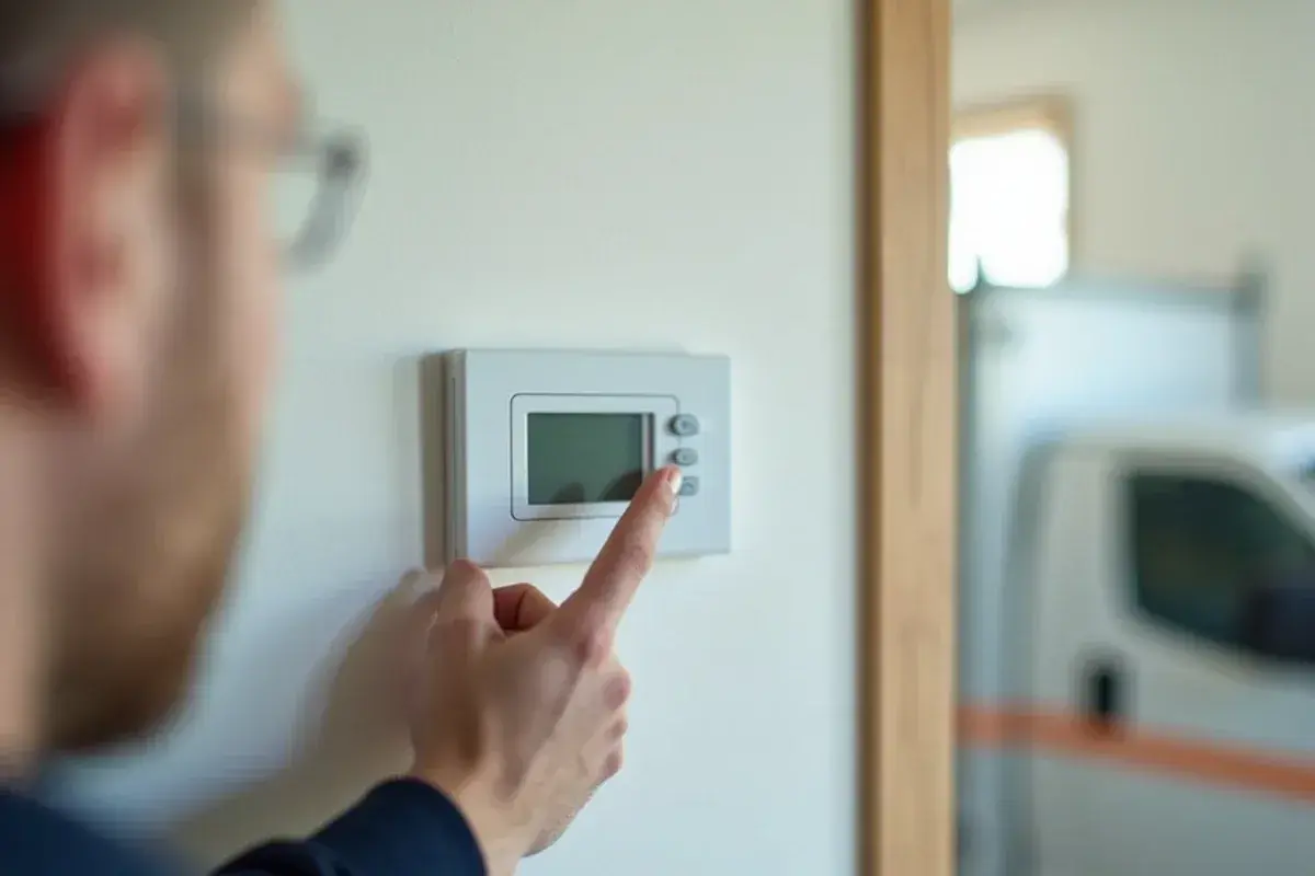 Finger switching a wall thermostat fan setting to auto to help the AC remove more moisture